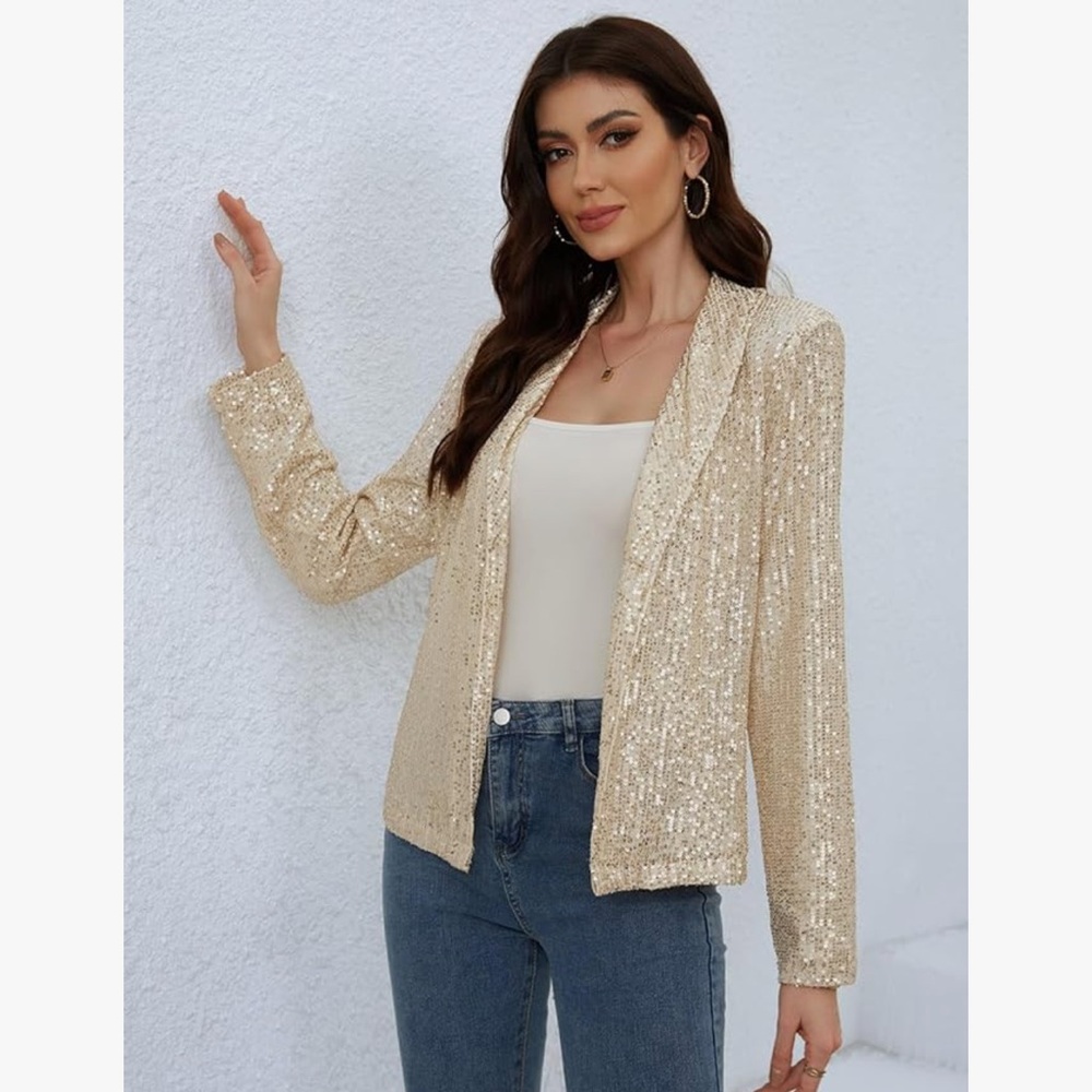 NWT utcoco Womens Long Sleeve Champagne Sequin Blazer w/ Open Front, Size XL